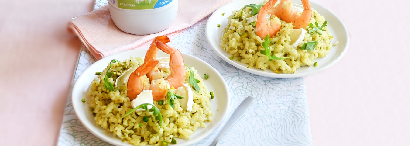 Recette de Risotto au lait de chèvre Lactel, gambas et pesto