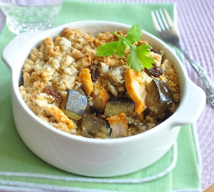 Recette de Crumble d'aubergines et poulet au curry