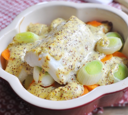 Recette de Gratin de Cabillaud à la moutarde à l'ancienne.