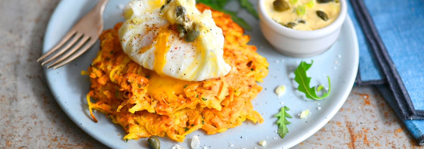 Recette de Galettes carotte / pommes de terre & oeuf poché, salsa verde