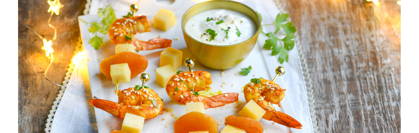 Recette de Brochettes de Gambas au Curry, Comté & Abricots Secs