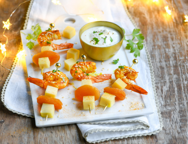 Recette de Brochettes de Gambas au Curry, Comté & Abricots Secs