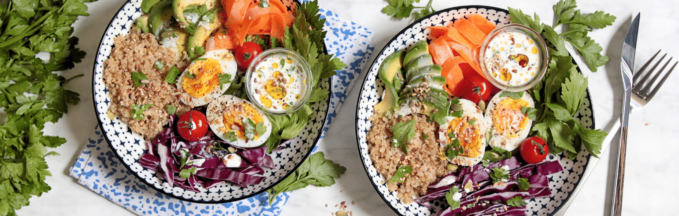 Recette de Bowl / assiette complète (légumes de saisons, avocat, œuf dur, quinoa)