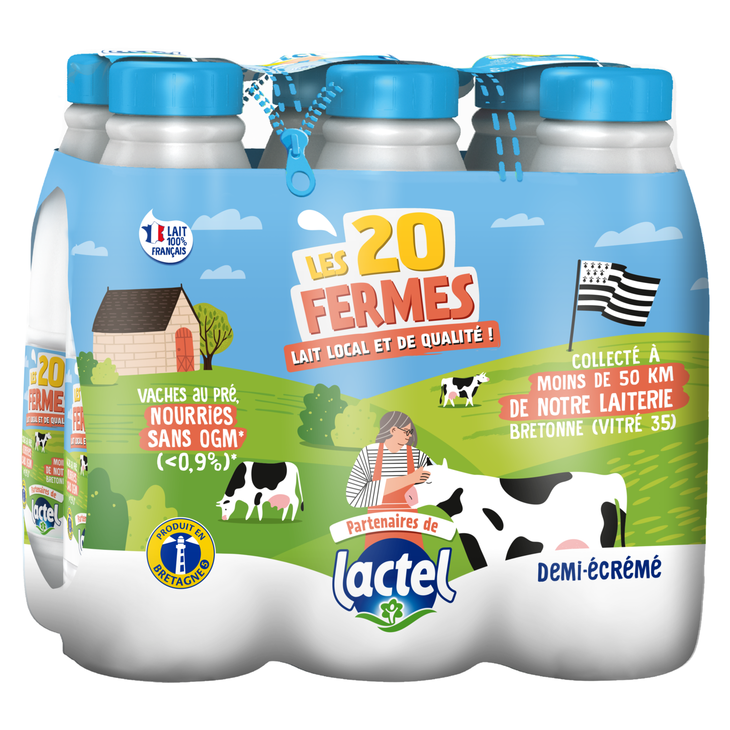 Lactel 20 Fermes Lait demi-écrémé pack bouteilles 6x1L