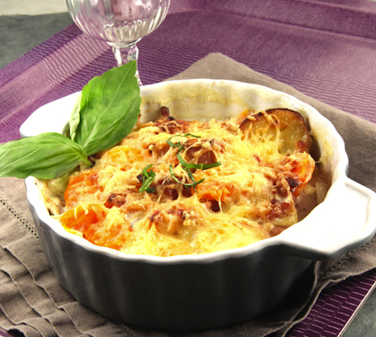 Recette de Gratin aux carottes, pommes de terre et lardons Bridélice