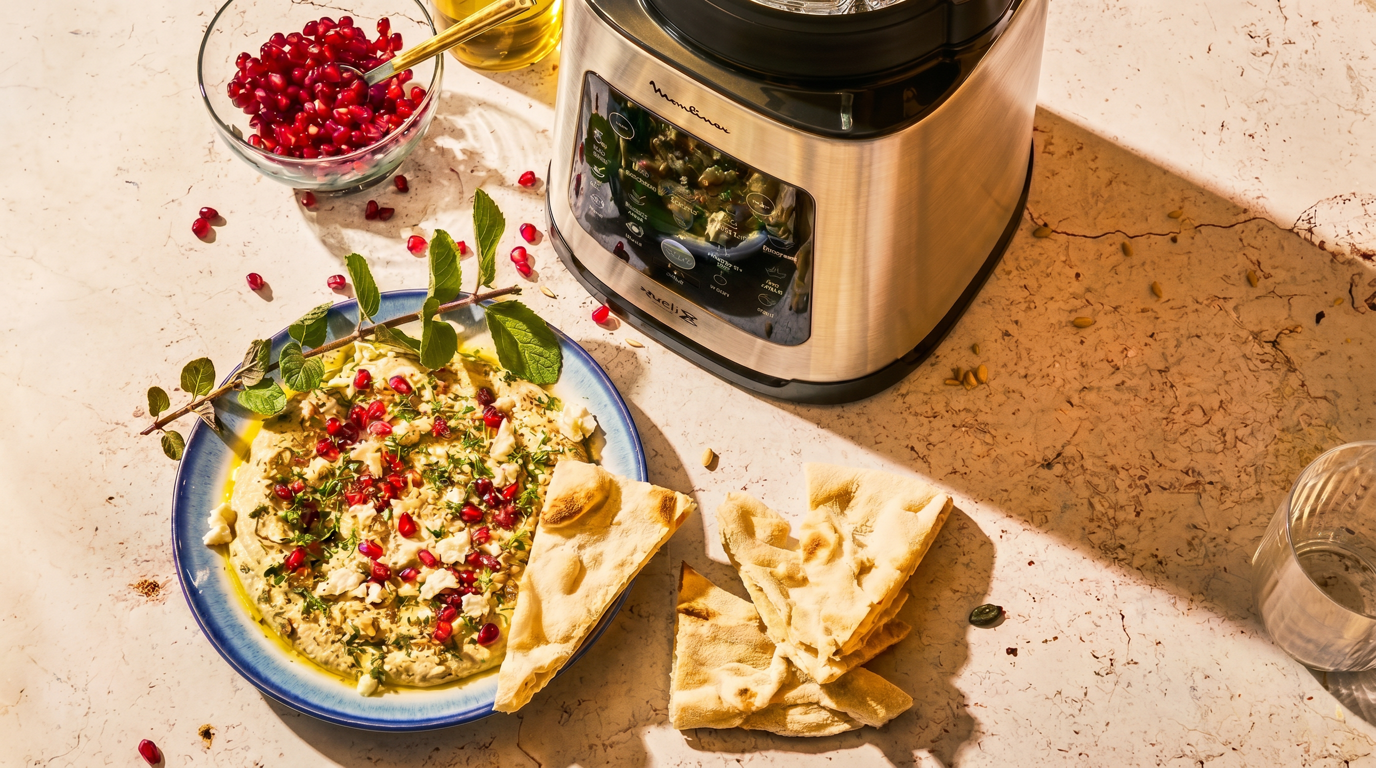 Recette de Babaganoush à la feta Salakis, zaatar et grenade