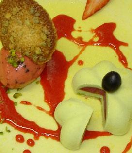 Recette de Crémeux chocolat blanc pistache, Sorbet Fraise et Olive noire