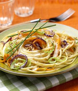 Recette de Spaghettis aux petits légumes et au Fondant à l'Emmental