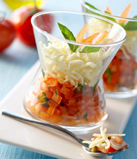 Recette de Tartare de Tomates aux Echalotes, Spaghetti de Mozzarella