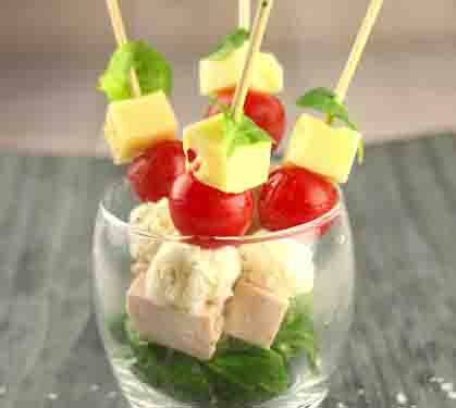 Recette de Brochettes d'Emmental, tomates, Mozzarella et poulet