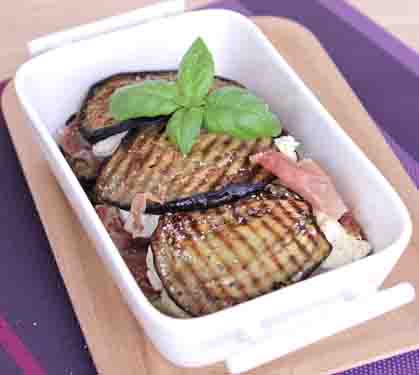 Recette de Gratin d'aubergines au jambon de Parme et fromage frais