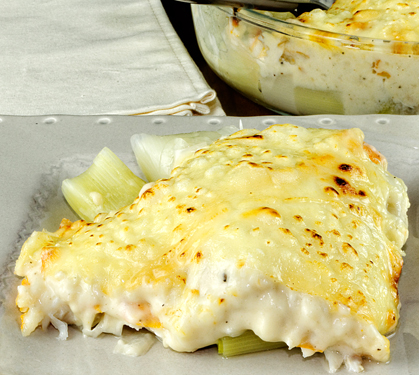 Recette de Gratin de poireaux, haddock au gouda