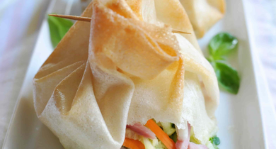 Aumônières de bricks aux légumes et jambon