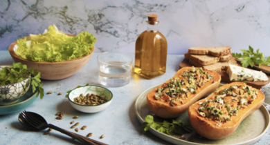 Courge butternut au riz sauvage petits pois et Roquefort Société