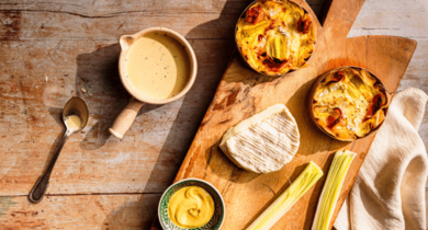 Flan au poireau, camembert de campagne et bacon