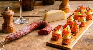 Bouchée de carotte, Chaussée aux Moines coulant, Chorizo grillé et ciboulette