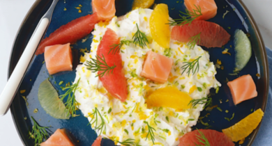 Labné Président aux agrumes, saumon fumé et parfum d’aneth