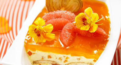 Tiramisu glacé capucine mangue et pamplemousse rose