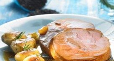 Quasi de veau au miel et au thé fumé et ses brochette de rattes