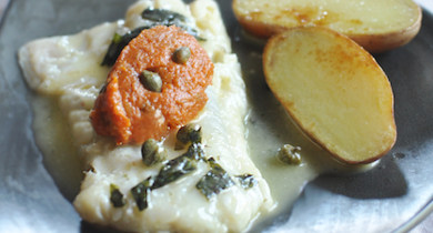 Blanc de barbue, chutney de tomates aux câpres