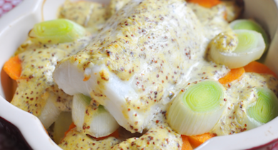 Gratin de Cabillaud à la moutarde à l'ancienne.