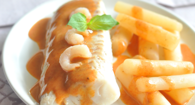 Cabillaud rôti aux crevettes et salsifis