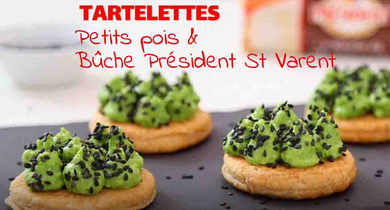 Mini tartes, crème de petits pois au chèvre et sésame noir