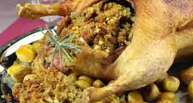 Oie farcie au jambon de Bayonne, marrons et Roquefort Société
