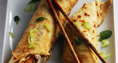 Crêpes aux crevettes, poulet et soja