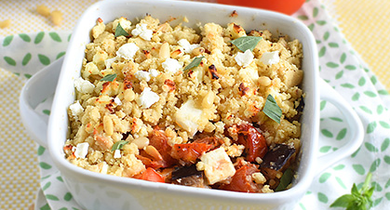 Crumble tomates aubergine et Salakis