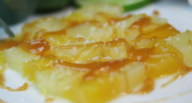 Damier de mangues, papaye et ananas, caramel au citron vert