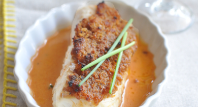 Dos de cabillaud doré au pain d'épices sauce orange