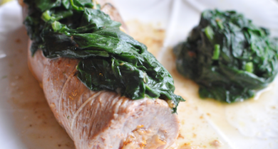 Escalope de Veau roulée aux champignons, gratin d'oseille