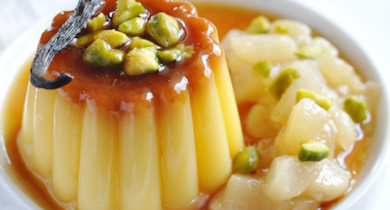 Flanby et sa compotée de poires vanillées