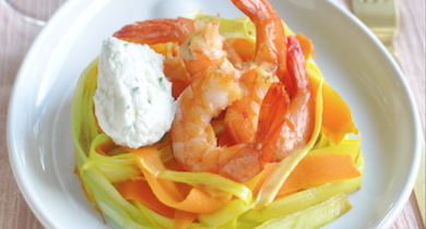 Gambas flambées sur lit de légumes et sa mousse mascarpone