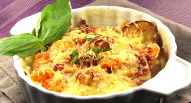 Gratin aux carottes, pommes de terre et lardons Bridélice