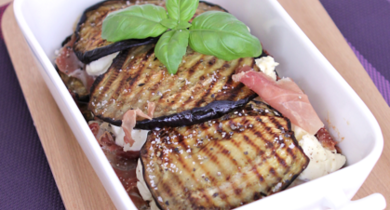 Gratin d'aubergines au jambon de Parme et fromage frais