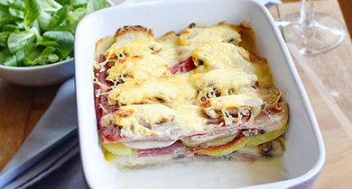 Gratin de pommes de terre, jambon et champignons Lactel 