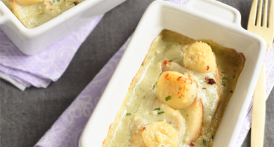 Gratin de Saint-Jacques au Société® et poires