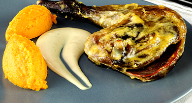 Pintade au chorizo, purée de carottes à l'anis vert