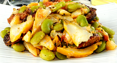 Salade de fèves au chorizo et haddock