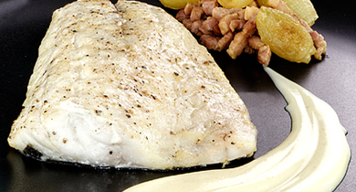 Barbue aux lardons et petits oignons