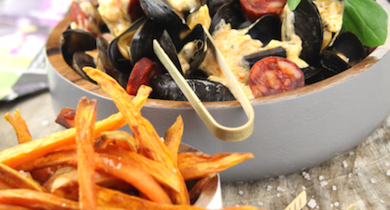 Moules au chorizo et frites de patates douces
