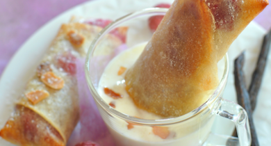 Nems de framboises, crème vanillée aux amandes