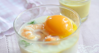 oeuf cocotte Cantal et crevettes