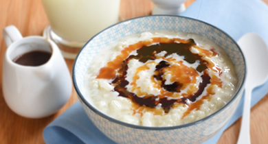 Riz au lait et son coulis chocolat-caramel