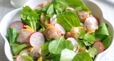 Salade de coques aux radis roses et aux herbes vertes