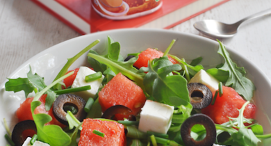 Menu : salade pastèque/feta + Sveltesse Saveur praliné façon Rocher