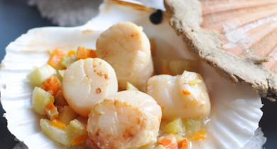 Noix et tripes de Saint-Jacques en coquille lutées au sarrasin