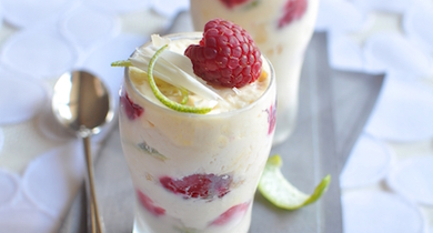 Verrines glacées au chocolat blanc, framboises et citron vert